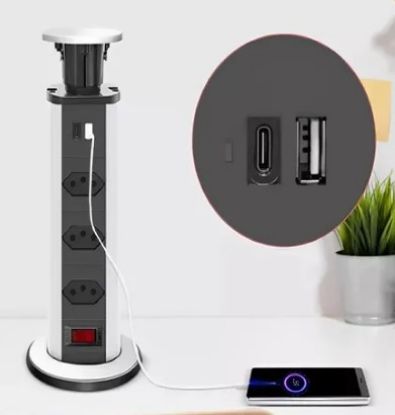Imagem de TOMADA TIPO TORRE DE EMBUTIR MULTIPLUG C/ 3 TOMADAS, USB + USB-C